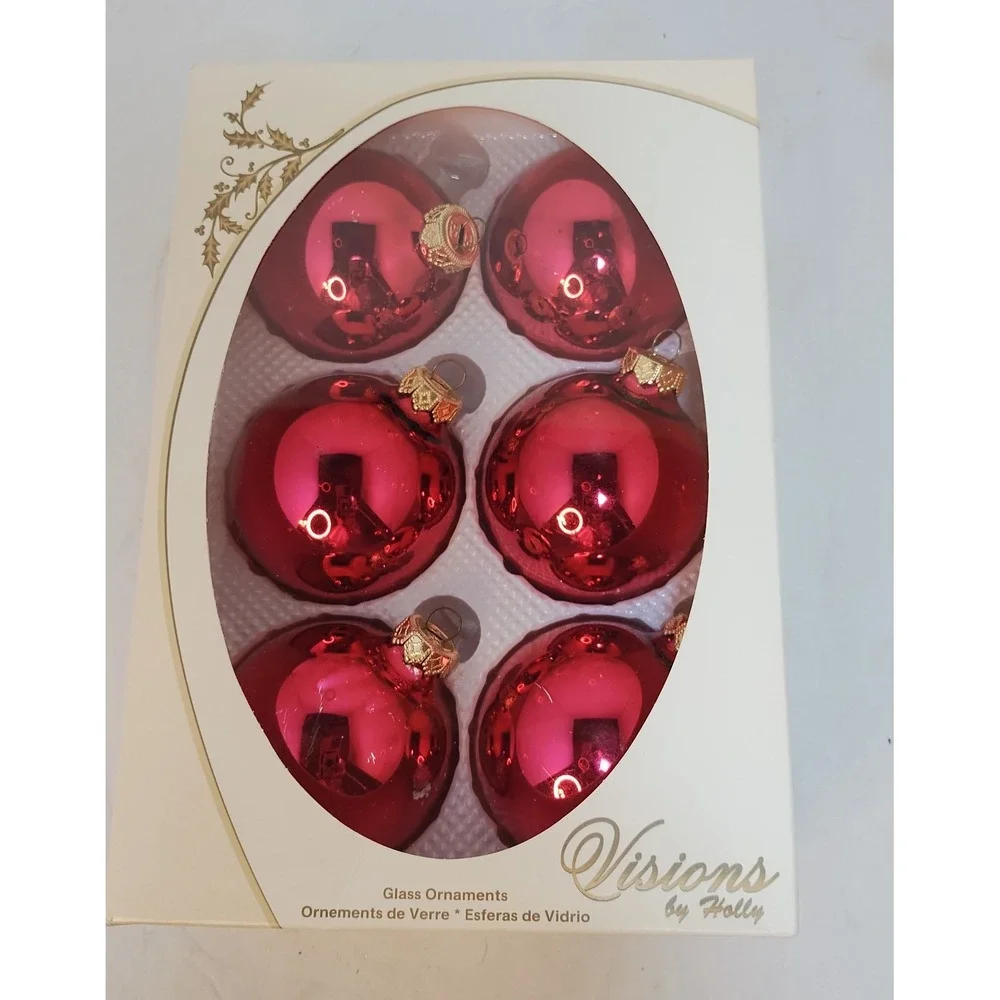 VTG Visions by Holly‎ Red Glass Christmas Ornaments Set of 6 Shiny Round Baubles